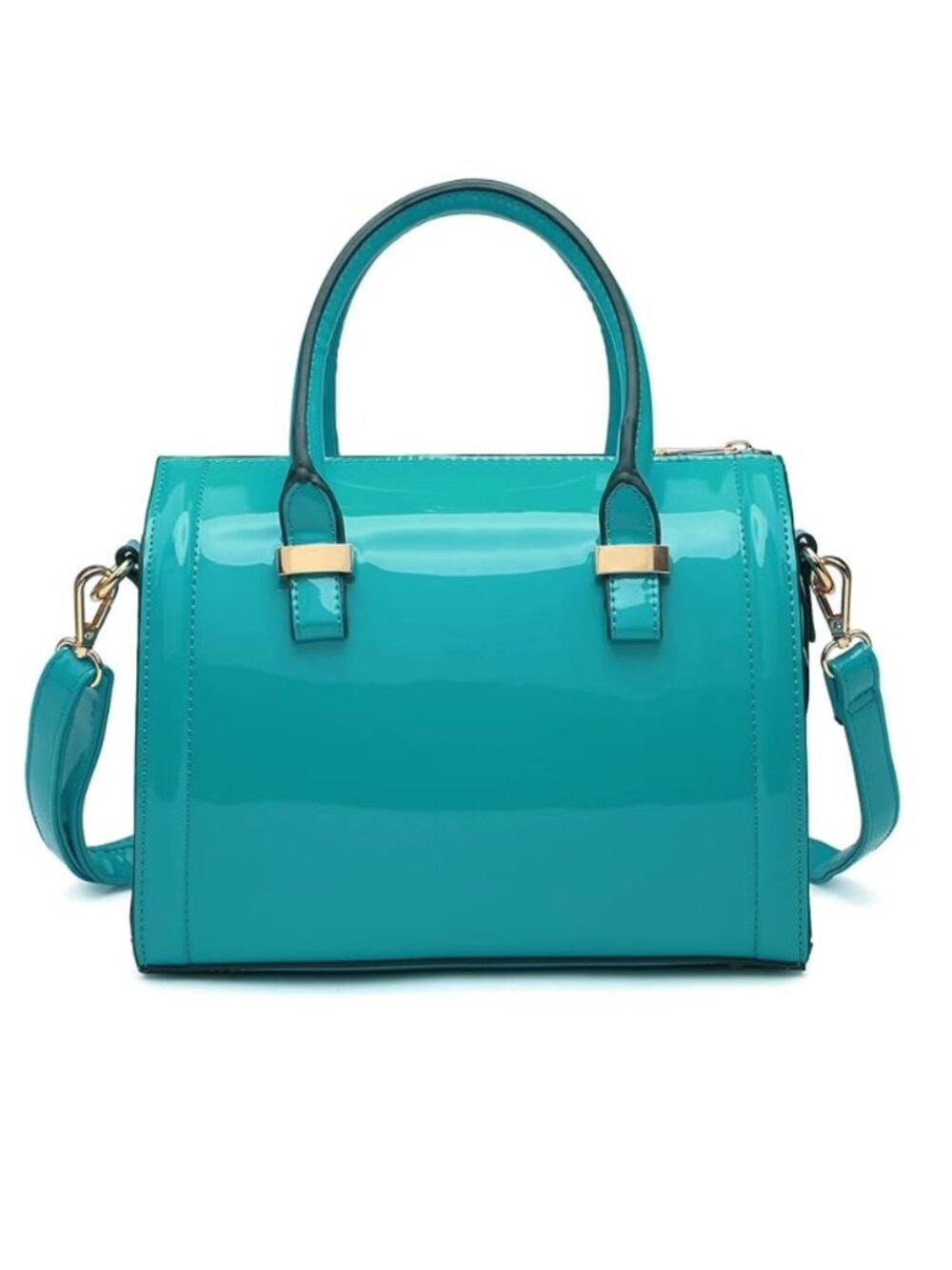 Women's Shiny Patent Faux Leather Handbag Barrel Top Handle, BLUE